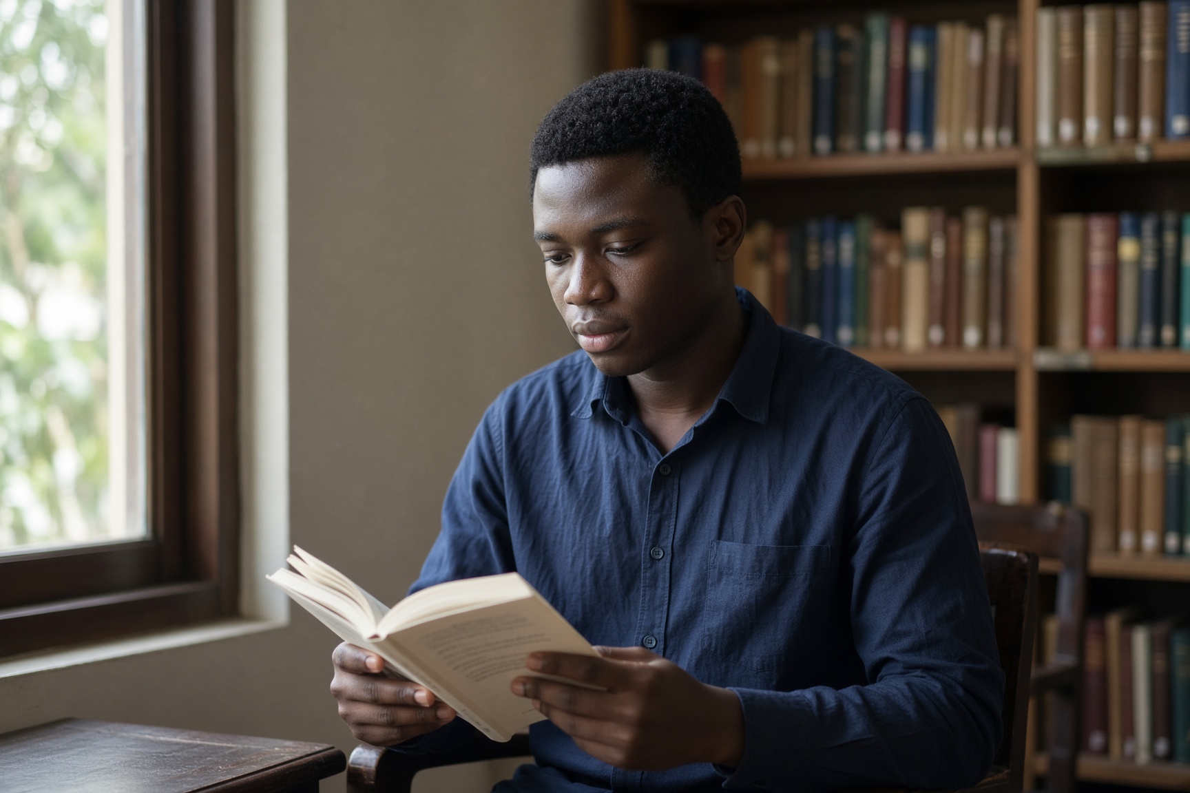 A student reading beside a library window